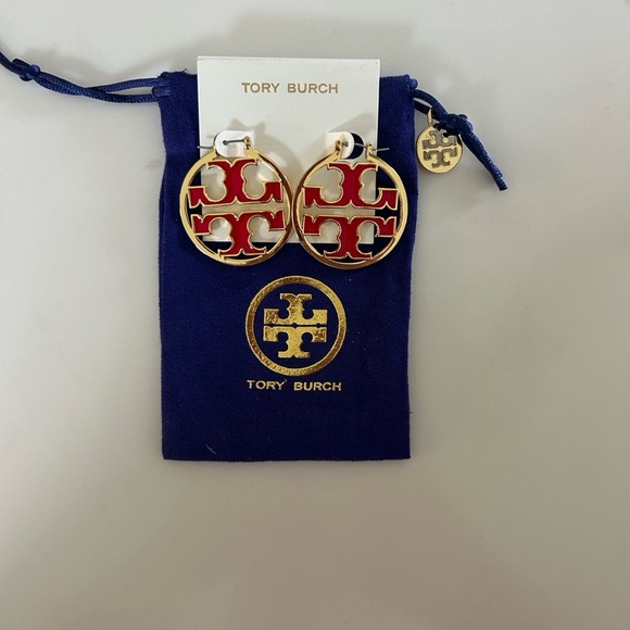 Tory Burch Red Enamel and Gold Miller Logo Earrings - Picture 6 of 6